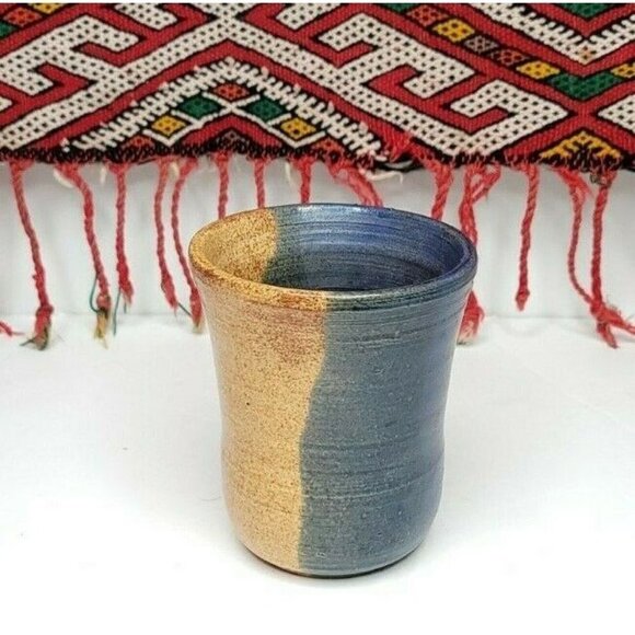 Handmade Signed Marked Vase or Utensil Holder Pottery Blue/Brown 5" - Picture 1 of 7
